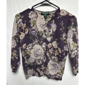 Lauren Ralph Lauren Silk Blend Y2K Cardigan Sweater Purple Floral Print PM